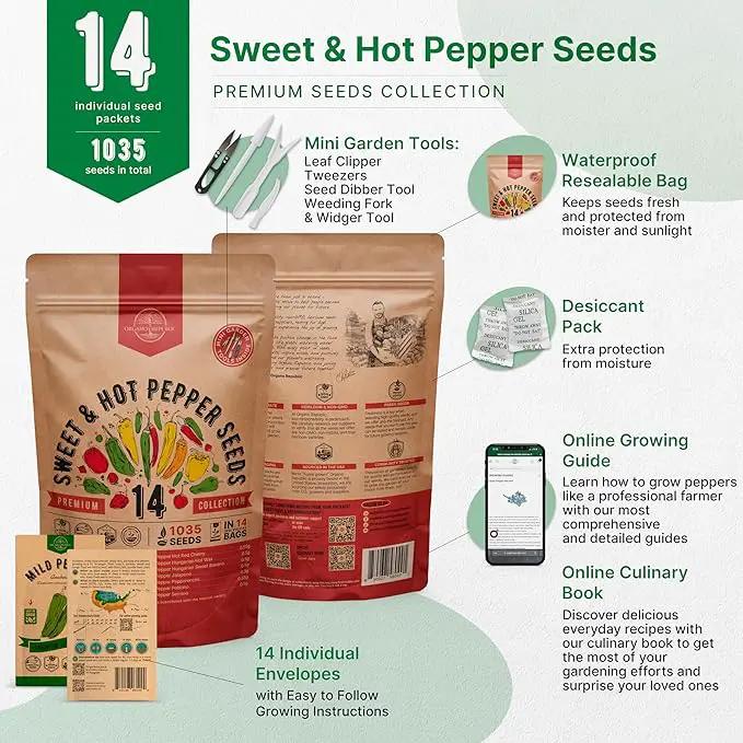 Organo Republic 14 Sweet & Hot Peppers Seeds Variety Pack - 1,030+ Non-GMO Heirloom Pepper Seeds for Outdoor and Indoor Home Gardening, Including Pepper Cayenne, Habanero, Jalapeno, Poblano, Serrano by GreenHaven Gardens