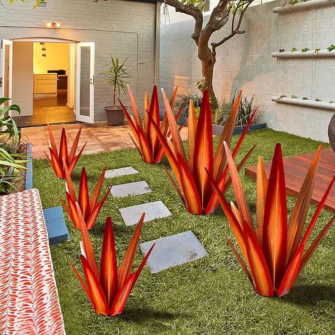 Large Tequila Rustic Sculpture, Rustic Metal Agave Plants for Outdoor Patio Yard, Home Decor Hand Painted Metal Agave Garden Yard Statue, Outdoor Lawn Ornaments Yard Stakes (Red - M) by GreenHaven Gardens