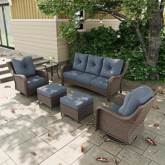 6 Pieces Outdoor Patio Furniture Sets with Rocking Swivel Chairs with 6-inch Thick Cushion and Side Table for Deck Lawn by GreenHaven Gardens