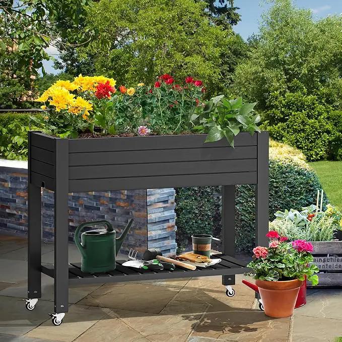 YITAHOME 43.3x17.7x34 in Elevated Garden Bed, Outdoor Plastic Planter Box with Wheels, Legs, Drain Plug, and Storage Shelf for Plants, Vegetables, Flowers, Herbs, Black by GreenHaven Gardens