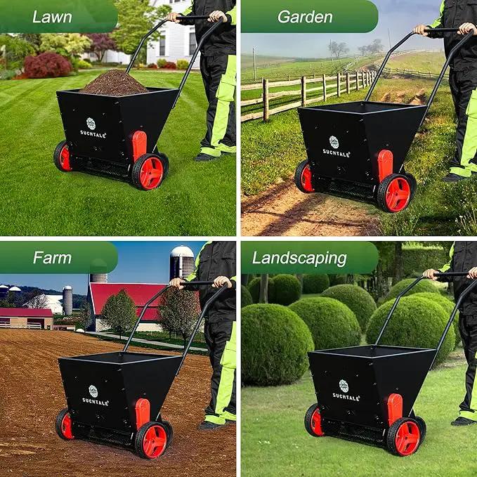 Suchtale Upgrade Push Lawn Spreader for Compost & Peat Moss, Organic Fertilizer Applicator with Rotating Blades, Adjustable Rate Metal Mesh Basket Topdresser by GreenHaven Gardens