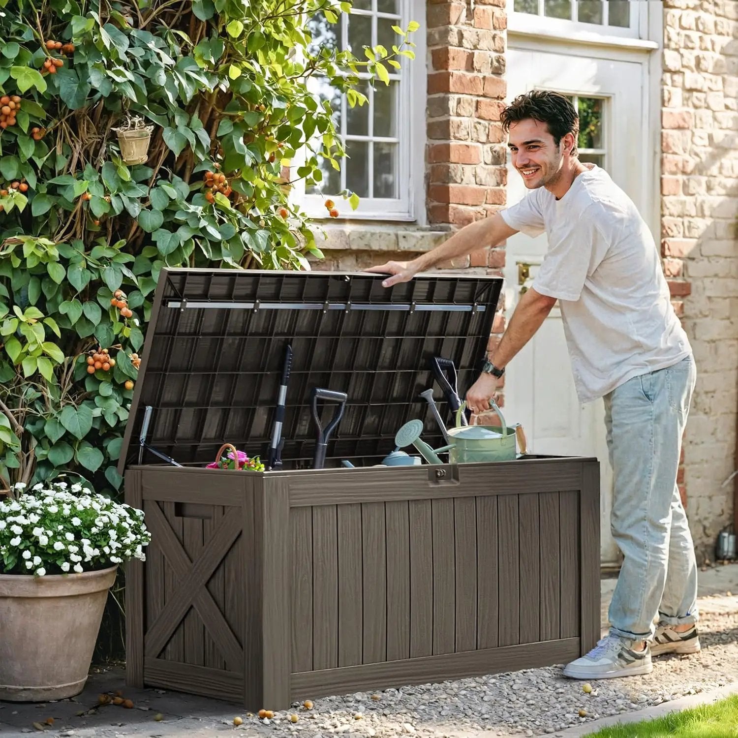 Greesum 120 Gallon Deck Box, Resin Outdoor Storage Container for Patio Furniture, Garden Tools, Pool Accessories, Weatherproof, Lockable, Coffee by GreenHaven Gardens