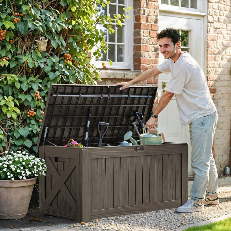 Greesum 120 Gallon Deck Box, Resin Outdoor Storage Container for Patio Furniture, Garden Tools, Pool Accessories, Weatherproof, Lockable, Coffee by GreenHaven Gardens