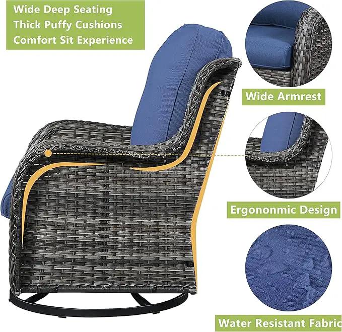 Outdoor Patio Swivel Rocker Chairs - Single Wicker Rattan Patio Swivel Rocking Chair with High Back,Deep Seating and Comfort Cushions for Deck Porch Garden,Mixed Grey/Blue by GreenHaven Gardens