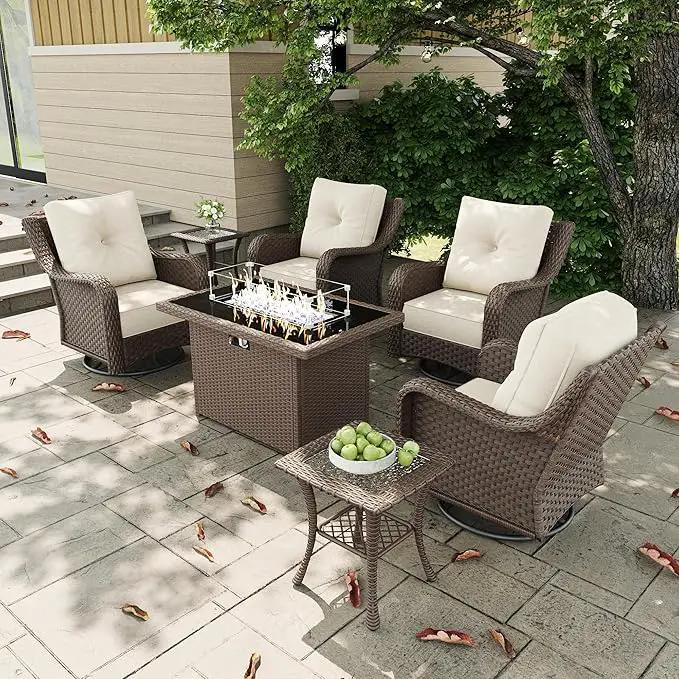 7 Pieces Outdoor Patio Furniture Sets with Rocking Swivel Chairs with 6-inch Thick Cushion and Fire Pit Table for Deck Lawn by GreenHaven Gardens