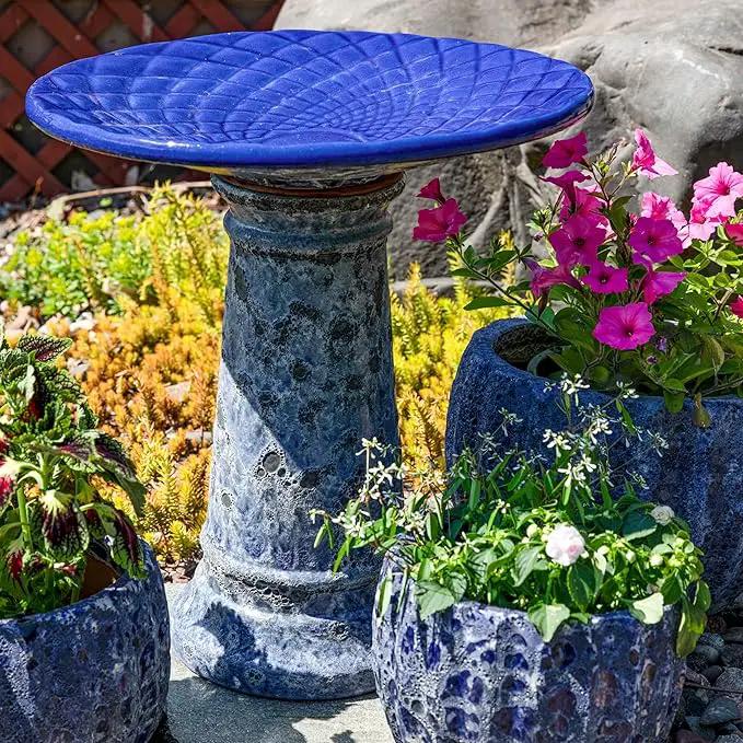 Sunnydaze Rennes Outdoor Ceramic Bird Bath - 22.5" H - UV- and Frost-Resistant - Glazed Bowl with Blue Lava Finish by GreenHaven Gardens