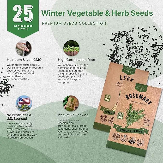Organo Republic 25 Winter Vegetable & Herb Garden Seeds Variety Pack for Outdoors & Indoor Home Gardening 5000+ Non-GMO Heirloom Seeds Broccoli Beet Carrot Cabbage Radish Pea Mint Thyme Parsley by GreenHaven Gardens