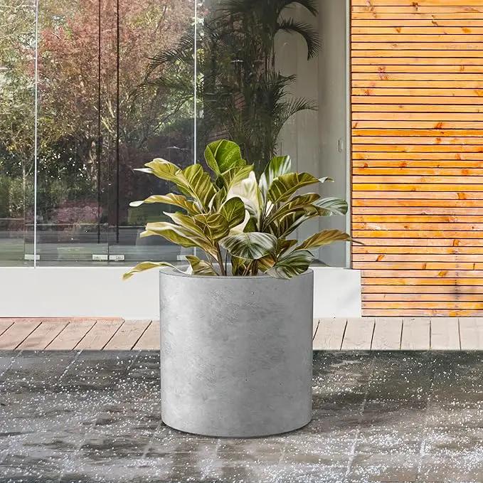 Kante 9.8" Dia Round Concrete Planter, Modern Style Large Cylindrical Plant Pot with Drainage Hole and Rubber Plug for Indoor Outdoor Patio, Natural Concrete by GreenHaven Gardens