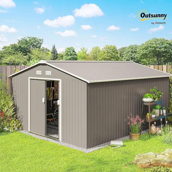 Outsunny 11' x 13' Outdoor Storage Shed, Garden Tool Metal Shed with Foundation Kit, Double Lockable Door, Air Vents and Sloping Roof, for Backyard, Patio, Lawn, Light Gray by GreenHaven Gardens