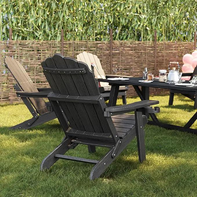 Adjustable Backrest Folding Adirondack Chair Set of 2, Adirondack Chair with Ottoman, Weather Resistant Fire Pit Chair with 2 Cup Holders, for Porch Backyard Outdoor Lawn Pool Deck Beach, Black by GreenHaven Gardens