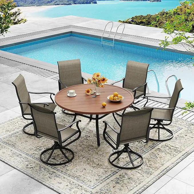 DIFY 48" Round Patio Dining Table for 6, All Weather Round Outdoor Metal Dining Table with 1.57" Umbrella Hole, Perfect for Backyard Lawn Garden, Walnut by GreenHaven Gardens