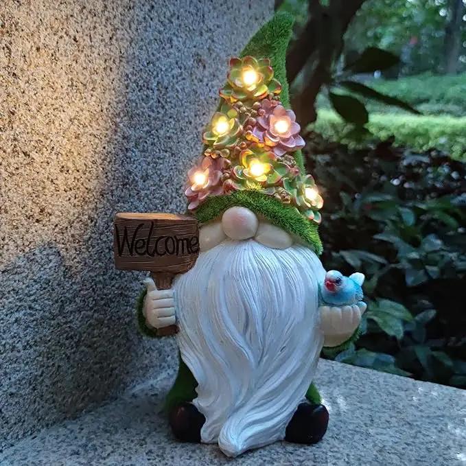 Solar Gnomes Garden Statues,Resin Gnome Figurine Holding Welcome Card and Bird with Solar Lights, Outdoor Gnomes Decorations for Yard Patio Lawn Porch, Garden Gifts by GreenHaven Gardens