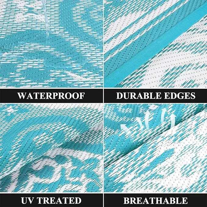 Pauwer Waterproof Outdoor Rug 8x10, Reversible Plastic Straw Patio Camping Rug, Indoor Outdoor RV Mat Carpet for Deck, Camper, Porch, Balcony, Backyard, Picnic, Clover Teal by GreenHaven Gardens