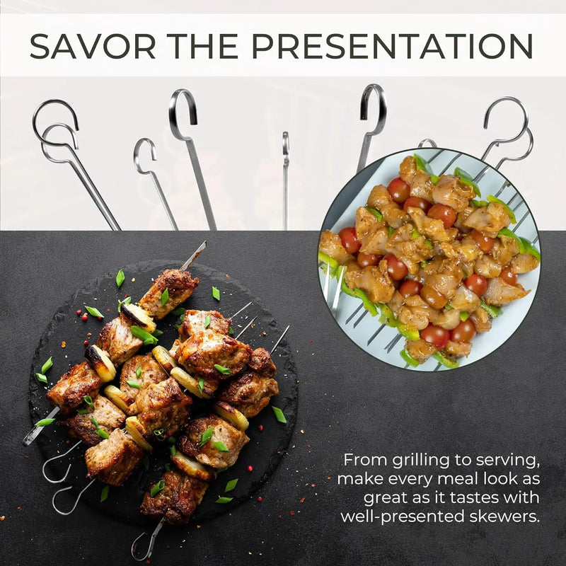 O-Yaki Flat Metal Kabob Skewer for Grilling – Set of 8 BBQ Skewers Stainless Steel with Storage Bag, Dishwasher Safe Skewers with Hook Handle & Sharp Tip for BBQ, Cookouts & Oven Use – 12 Inch by GreenHaven Gardens
