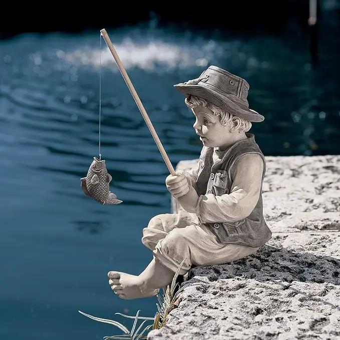 Design Toscano Frederic the Little Fisherman of Avignon Boy Fishing Garden Statue, 15 Inch Tall, Cast Stone Resin, Two Tone Stone Finish by GreenHaven Gardens