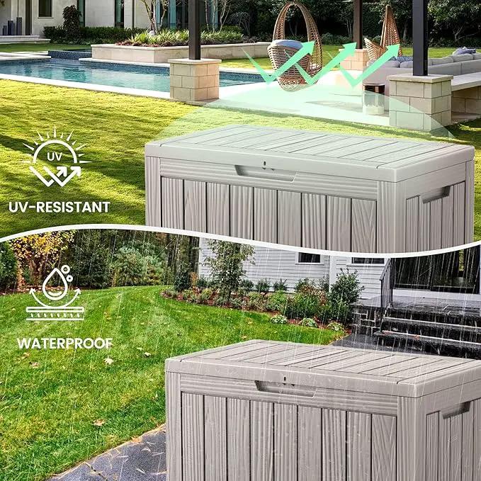 45 Outdoor Storage Box, Waterproof Resin Deck Box with Side Handles, Lockable Outdoor Bench for Indoor & Outdoor Use, Storage Bin for Patio Cushions, Garden Tools, Package Delivery, Grey by GreenHaven Gardens