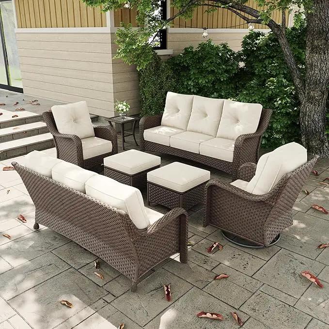 7 Pieces Outdoor Patio Furniture Sets with Rocking Swivel Chairs with 6-inch Thick Cushion and Side Table for Deck Lawn by GreenHaven Gardens