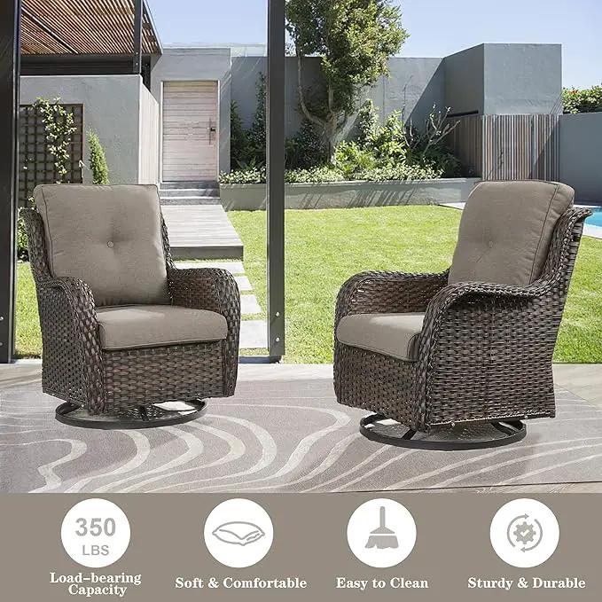 Outdoor Wicker Furniture Patio Set - 7 Piece Backyard Furniture Brown Rattan Conversation Sets with Swivel Rocker Chairs, Rattan Sofa, Club Chairs and Coffee Table, Grey Cushion by GreenHaven Gardens