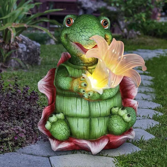 Exhart Solar Turtle Garden Statue, LED Lily Flower, Durable Resin, Cute Yard Décor, 7.5"x5.5"x8.5" by GreenHaven Gardens