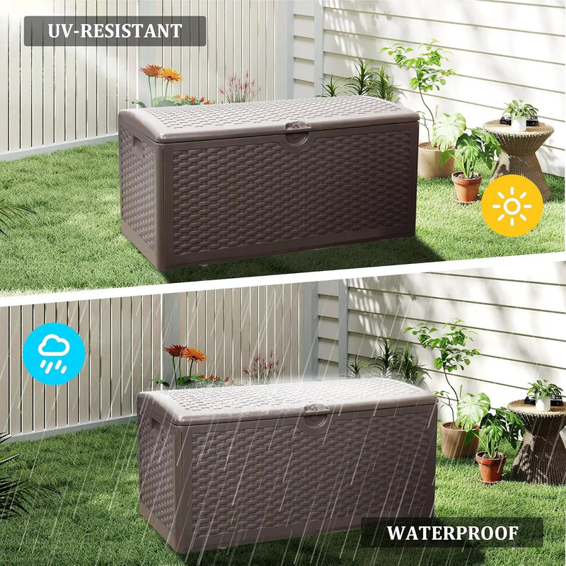 180 Gallon Lockable Deck Box, Waterproof & UV-Resistant Outdoor Storage for Patio Cushions, Heavy Duty Resin Deck Storage Container, Coffee by GreenHaven Gardens