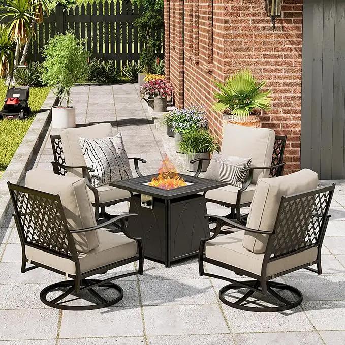 Patio Furniture Set with Fire Pit Table, 5 Pcs Metal Outdoor Conversation Set, 4 Swivel Chairs with 5.75" Extra Thick Cushion and 28" Fire Pit Table for Backyard Deck, Beige by GreenHaven Gardens