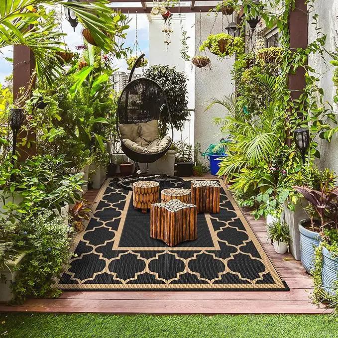 GENIMO Outdoor Rug 9' x 12' Patio Waterproof, Foldable Reversible Plastic Straw Area Rugs Mat for Camper Decor, Outside Carpet for Rv, Deck, Porch, Picnic, Beach, Balcony, Black & Brown by GreenHaven Gardens