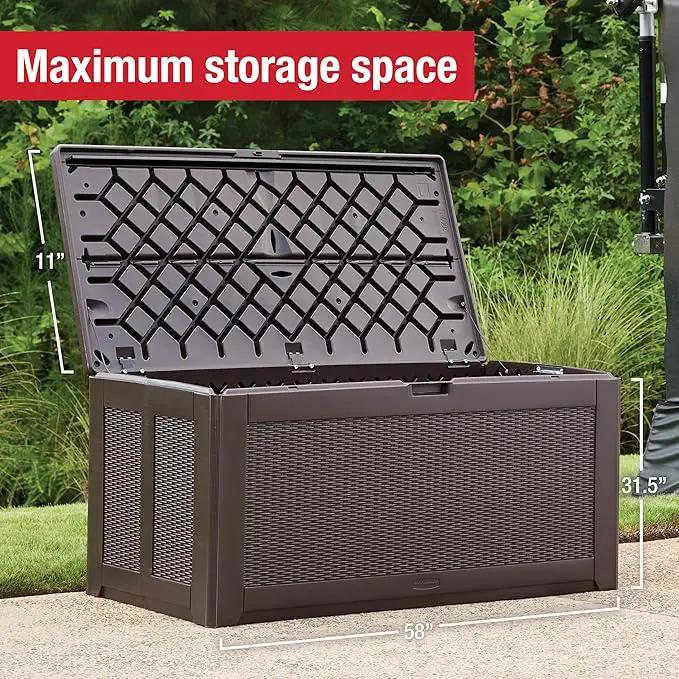 Rubbermaid Extra Large Resin Outdoor Storage Deck Box (134 Gal), Weather Resistant, Brown, Deck Organization for Home/Backyard/Pool Chemicals/Toys/Garden Tools/Porch/Patio Cushions by GreenHaven Gardens