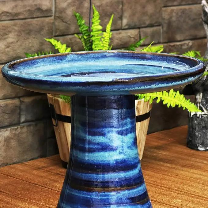 Sunnydaze 21" H Ceramic Bird Bath for Outside - Hand-Painted Outdoor Bird Bath Bowl, UV/Frost-Resistant Finish - Galaxy Blue - Ribbed Pedestal by GreenHaven Gardens