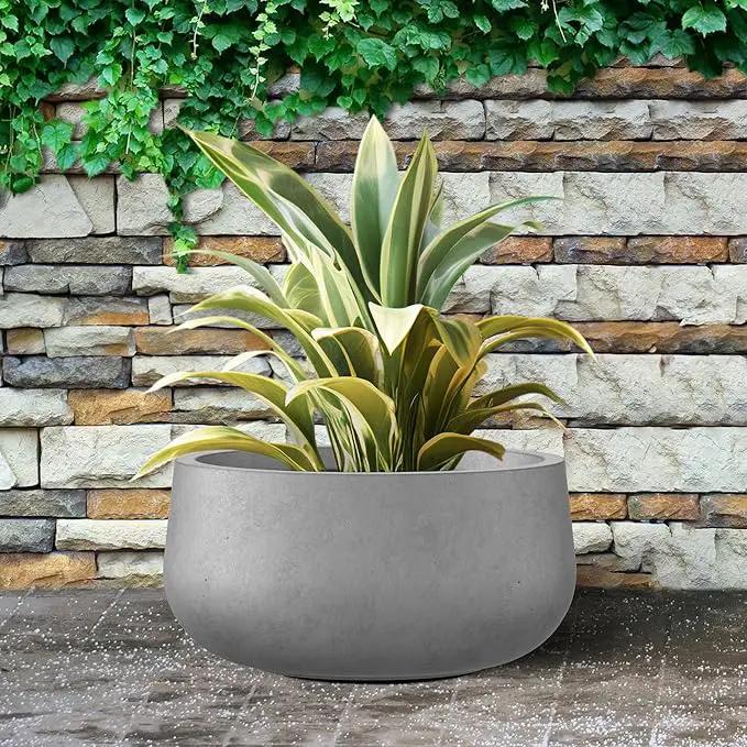 Kante 15.7" Dia Round Concrete Planter, Outdoor Indoor Garden Plant Pots with Drainage Hole and Rubber Plug, Modern Curvaceous Design, Natural Concrete by GreenHaven Gardens