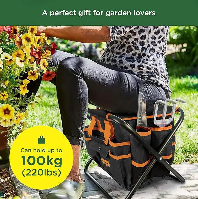 Gardening Tool Set, Stainless Steel 7-Piece Gardening Tools with Heavy-Duty Folding Stool and Detachable Canvas Tote Bag, Black and Orange, Ideal Gardening Gifts for Women and Men by GreenHaven Gardens