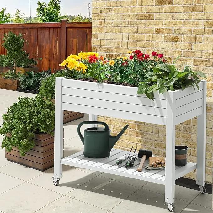 YITAHOME 43.3x17.7x34 in Elevated Garden Bed, Outdoor Plastic Planter Box with Wheels, Legs, Drain Plug, and Storage Shelf for Plants, Vegetables, Flowers, Herbs, Grayish-White by GreenHaven Gardens