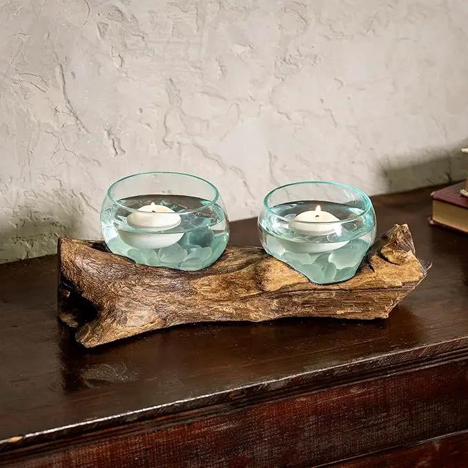 Cape Craftsmen Set of 2 Terrariums | Hand-Blown Blue Tinted Bubble Glass On Natural Teak Driftwood Terrarium | Home Décor Indoor Planter with Stand | Pot for Succulent and Plants by GreenHaven Gardens