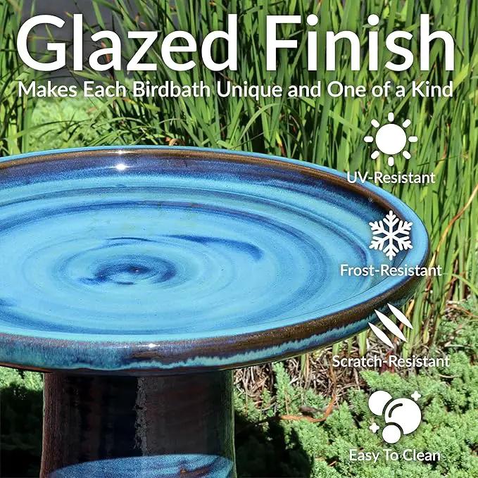 Sunnydaze 21" H Ceramic Bird Bath for Outside - Hand-Painted Outdoor Bird Bath Bowl, UV/Frost-Resistant Finish - Galaxy Blue - Ribbed Pedestal by GreenHaven Gardens