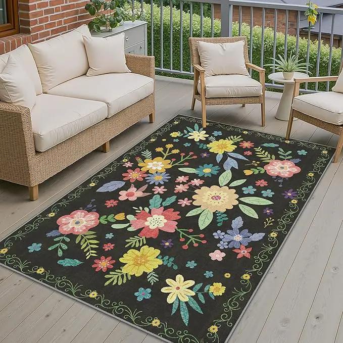 GENIMO Indoor Outdoor Area Rug 4' X 6' Waterproof, Washable Patio Rug Non Shedding, Easy Cleaning Floral Outdoor Carpet for Living Room, Bedroom, Dining Room, Balcony, Backyard, Deck, RV, Black by GreenHaven Gardens
