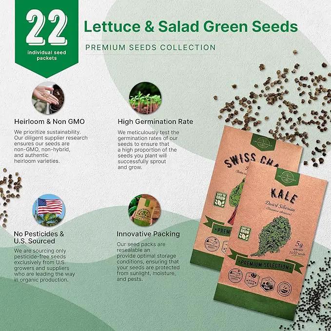 Organo Republic 22 Lettuce & Salad Greens Seeds Variety Pack 24,700+ Non-GMO Heirloom Lettuce Seeds for Indoor & Outdoor Garden, Hydroponics, Aerogarden - Arugula, Kale, Spinach, Swiss Chard, Lettuce by GreenHaven Gardens