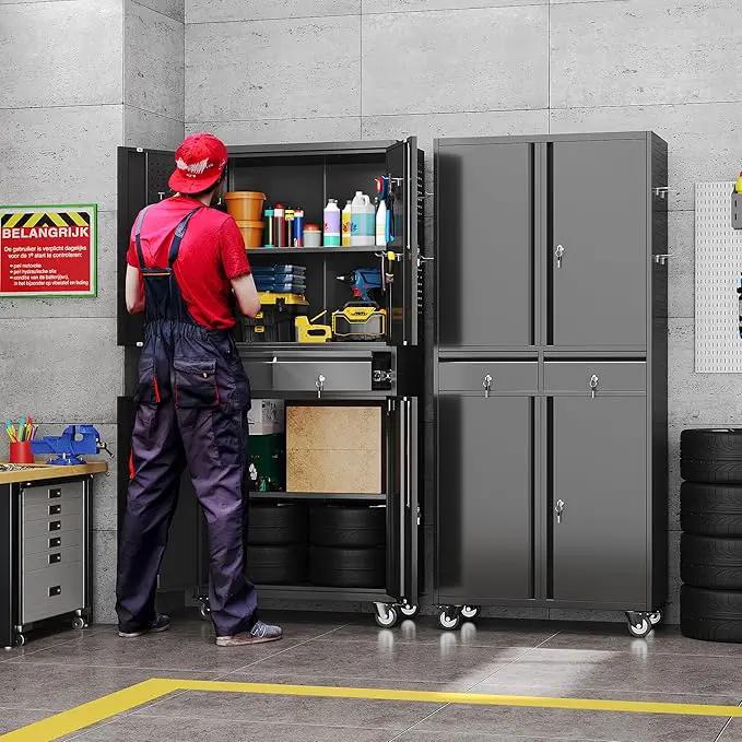 Metal Garage Storage Cabinet with Locking Doors and 2 Adjustable Shelves, Rolling Tool Storage Cabinet with 4 Wheels and 2 Drawer for Garage, Warehouse, Black, Assembly Required by GreenHaven Gardens