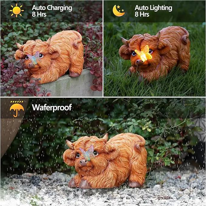 Highland Cow Solar Powered Outdoor Garden Statue, Resin Highland Cow Statue with Solar Light Lantern, Decorative Lawn, Yard Outdoor Highland Cow Decor. Unique home decorations, gifts for women by GreenHaven Gardens