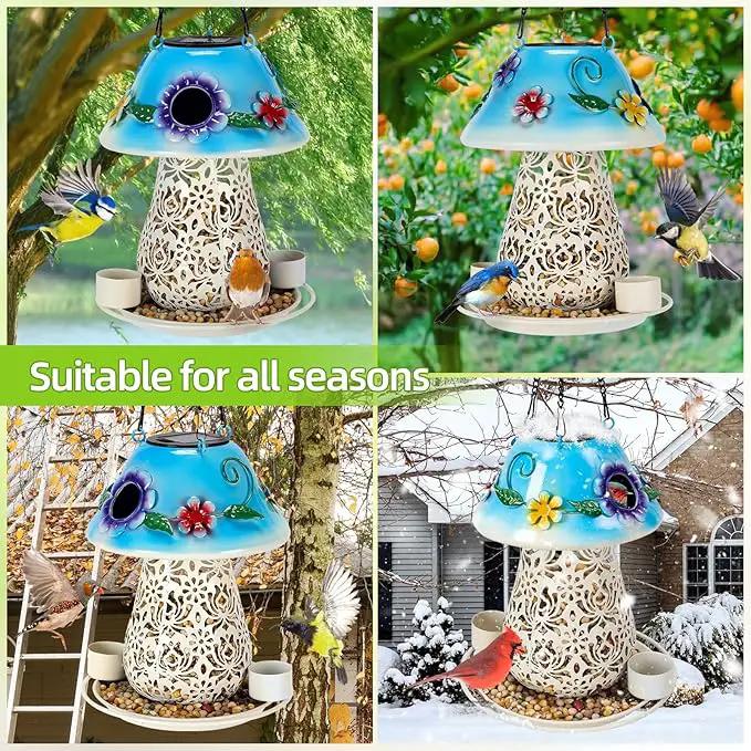 Mushroom Solar Bird Feeders for Outdoors Hanging Metal Wild Bird Feeder Garden Lantern with S Hook for Garden Decoration Blue by GreenHaven Gardens