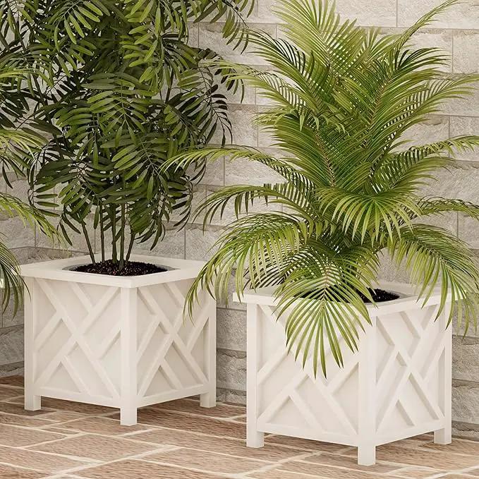 Lattice Design Planter Box 2-Pack – 14.75-Inch Decorative Outdoor Flower or Plant Pots – Front Porch, Patio, and Garden Decor by Pure Garden (White) by GreenHaven Gardens