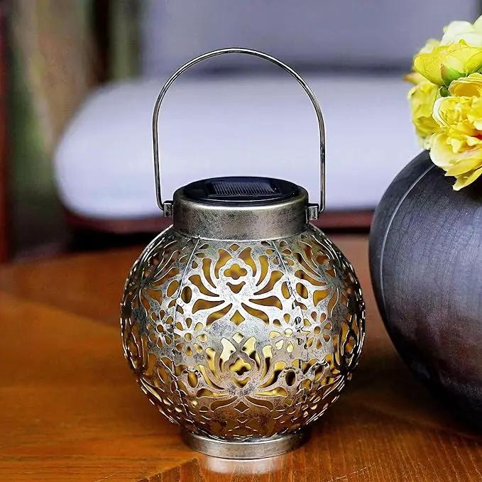 Set of 2 Outdoor Solar Hanging Lantern Lights Metal LED Decorative Lamp for Garden Patio Courtyard Lawn and Table with Hollowed-Out Design (Antique Bronze) by GreenHaven Gardens