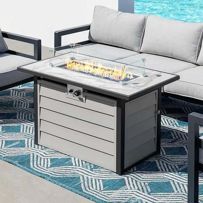 Nuu Garden 43'' Patio Propane Fire Pit Table, 50,000 BTU Gas Fire Pit with Marble-Textured Glass Top, Wind Guard, Lid, Glass Beads, CSA-Certified, 2-in-1 Outdoor Table for Gatherings, Ivory White by GreenHaven Gardens