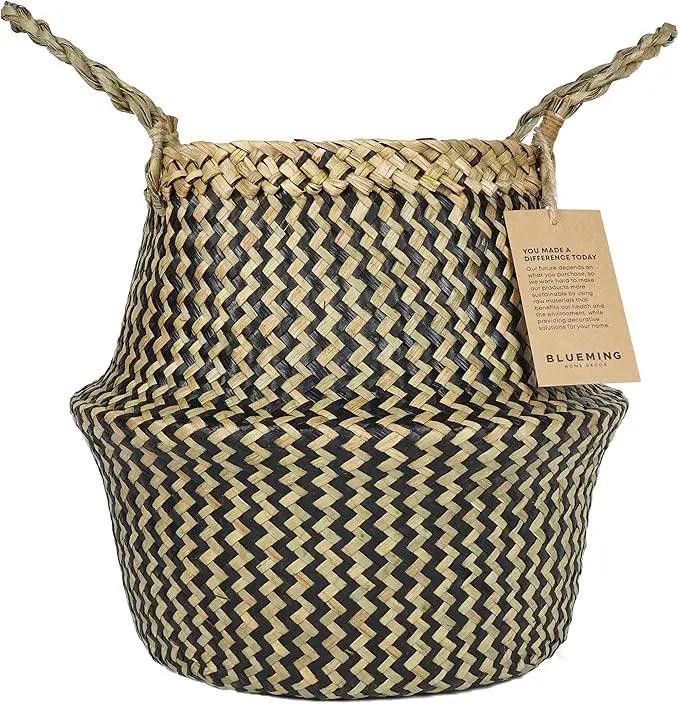 Olive Tree Basket – Small Seagrass Plant Pot for Tall Indoor Artificial Trees, Woven Planter 8-9 Inches, Wicker Baskets for Decorative Storage (Black, Medium) by GreenHaven Gardens