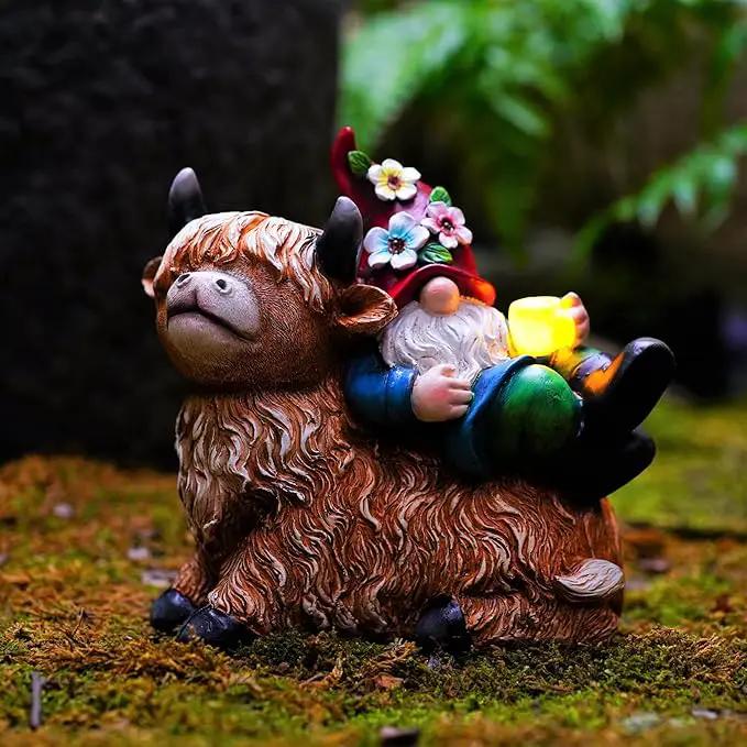 Garden Gnomes Decor Outdoor Statues Gnome on Highland Cow Hold Solar Cup Light Outdoor Decorations for Patio,Yard and Gift for Mom by GreenHaven Gardens