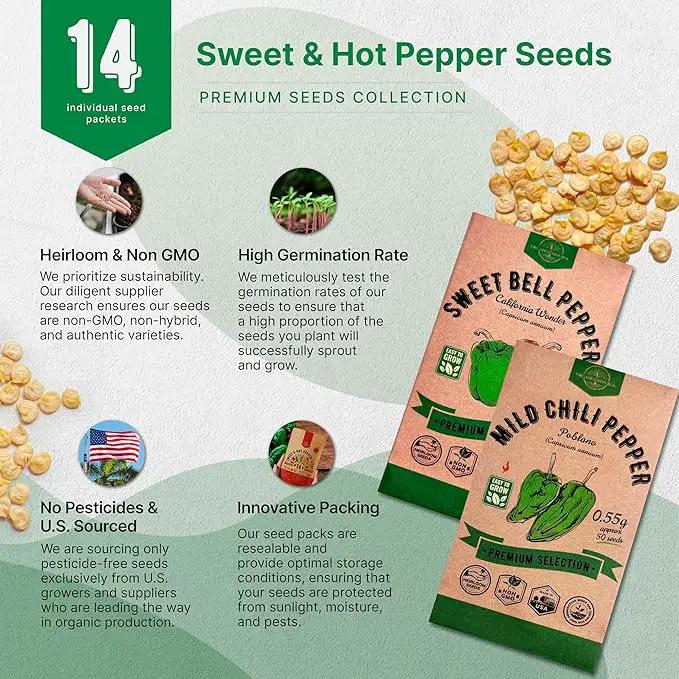 Organo Republic 14 Sweet & Hot Peppers Seeds Variety Pack - 1,030+ Non-GMO Heirloom Pepper Seeds for Outdoor and Indoor Home Gardening, Including Pepper Cayenne, Habanero, Jalapeno, Poblano, Serrano by GreenHaven Gardens