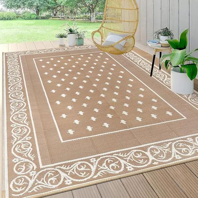 Pauwer Waterproof Outdoor Rug 9x12, Reversible Plastic Straw Patio Camping Rug, Indoor Outdoor RV Mat Carpet for Deck, Camper, Porch, Balcony, Backyard, Picnic, Bordered Beige by GreenHaven Gardens
