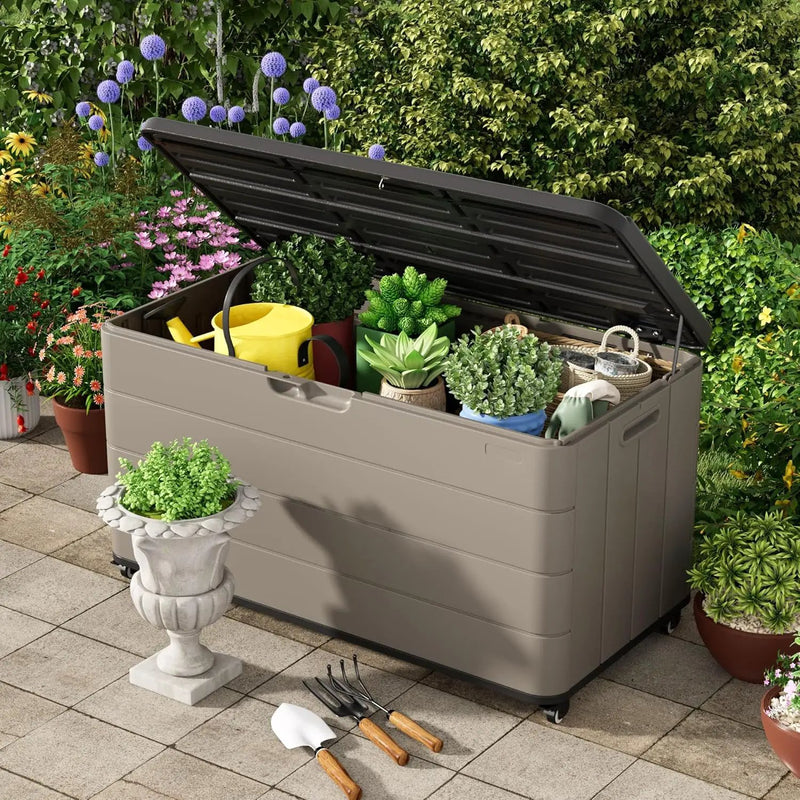 100GAL Brown Wicker-Textured Deck Box with Wheels – Lockable, Waterproof, UV-Resistant, Spacious Storage for Patio & Garden Supplies, Easy Handling by GreenHaven Gardens