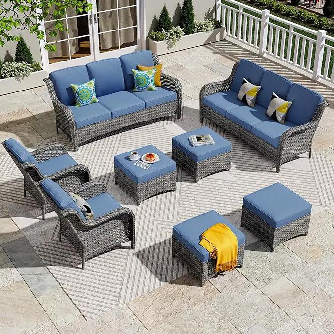 ovios 8 Pieces Patio Furniture Set, Outdoor Wicker Sofas with 2 Chairs, 4 Ottomans and Comfy Cushions, All Weather High Back Couch Set for Deck Porch, Grey Rattan, Denim Blue by GreenHaven Gardens