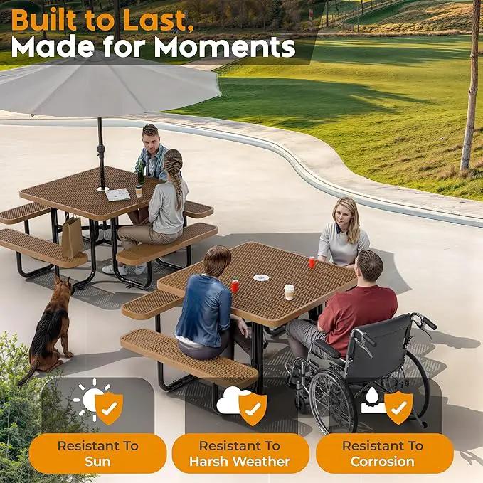 Metal Picnic Tables for Outdoors with Umbrella Hole - Coated Steel Heavy Duty Commercial Grade Table with Adjustable Seats (Brown, 46 in, Square, Expanded Steel) by GreenHaven Gardens