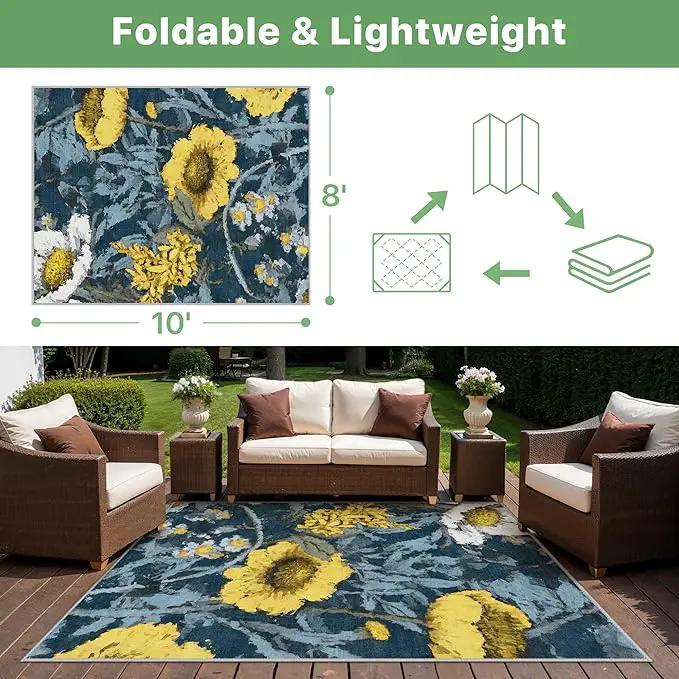 GENIMO Indoor Outdoor Area Rug 8' X 10' Waterproof, Washable Patio Rug Non Shedding, Easy Cleaning Floral Outdoor Carpet for Living Room, Bedroom, Dining Room, Balcony, Deck, RV, Backyard, Blue Yellow by GreenHaven Gardens