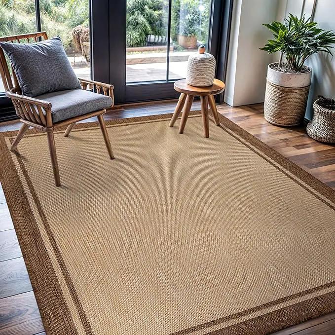 CAMILSON Outdoor Rug 5x7 Bordered Natural Brown Modern Area Rugs for Indoor and Outdoor Patios, Kitchen and Hallway Mats, Washable Porch Deck Outside Carpet (Border Jute, 5 x 7) by GreenHaven Gardens
